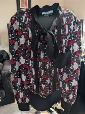 Prada Holliday & Brown 203 Collection Black Red & White Floral Tie-Neck Blouse